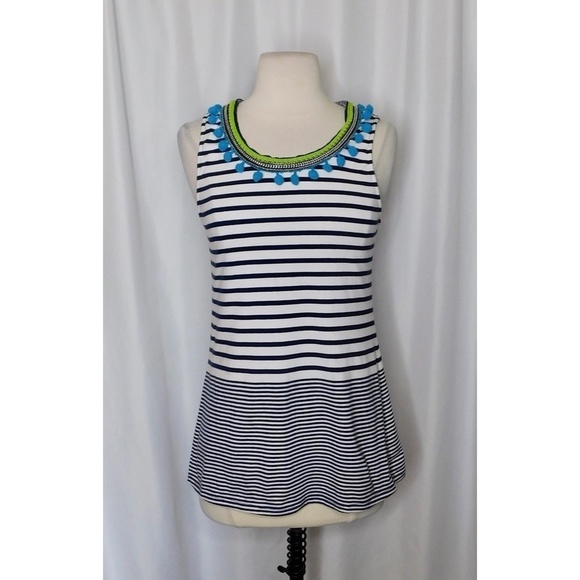 Anthropologie ONE SEPTEMBER Striped Tank Top Pom Poms Navy White Boho Small - Picture 3 of 13